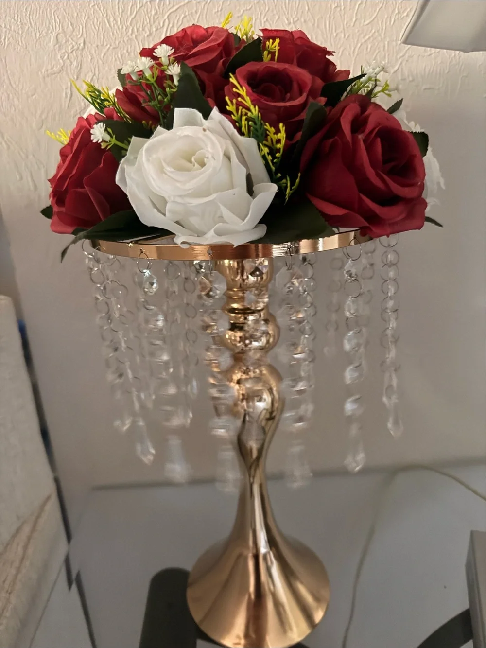 Gold Crystal Pedestal with Red & White Faux Roses
